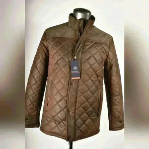 NWT RAINFOREST Brown Tan Faux Quilted  Diamond Suede Hooded Car Coat 40R Medium